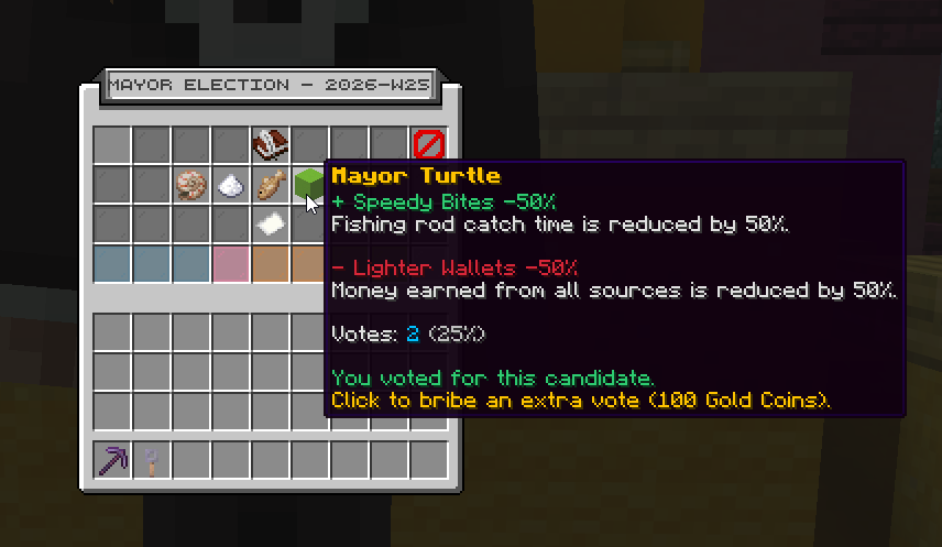 A candidate's tooltip during open voting, showing the player has voted and the option to click to bribe an extra vote for 100 Gold Coins