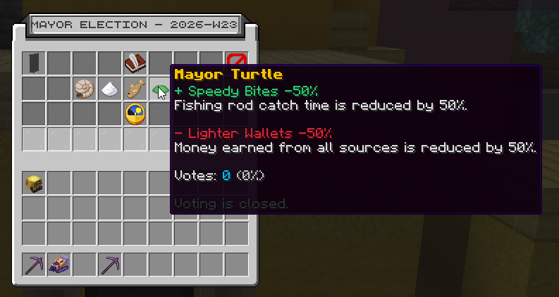 Mayor Turtle's tooltip showing a +50% fishing speed bonus and a -50% money downside, with voting closed