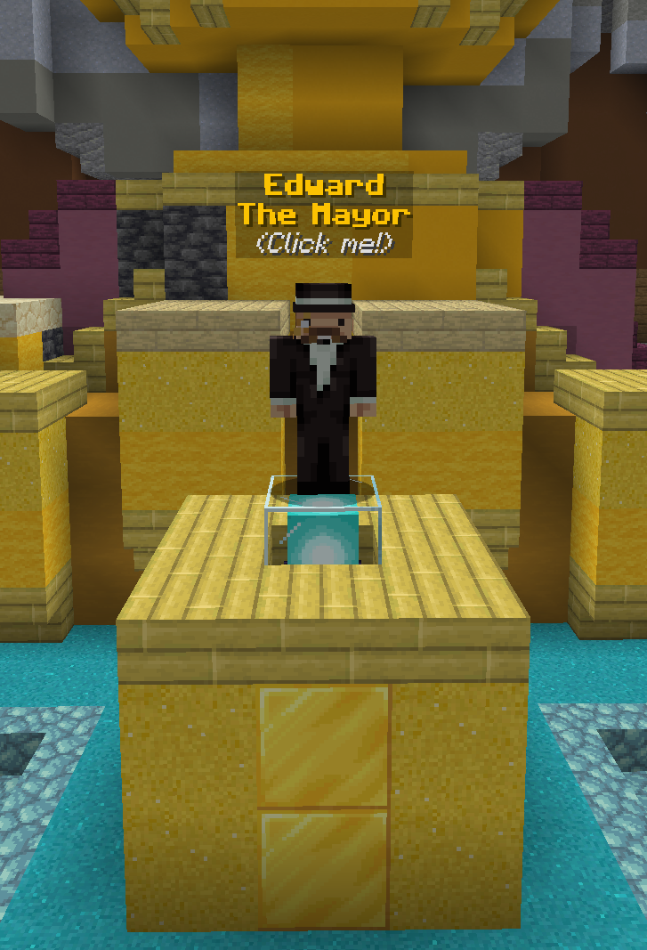 Edward the Mayor NPC at spawn with the election menu open
